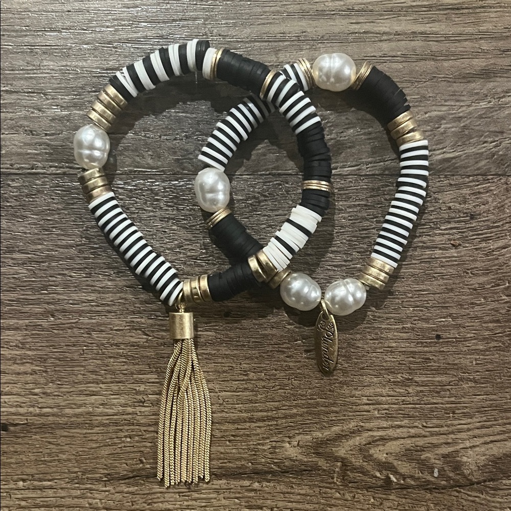 Black and White Pearl Beaded Bracelet Set with Gold Accents